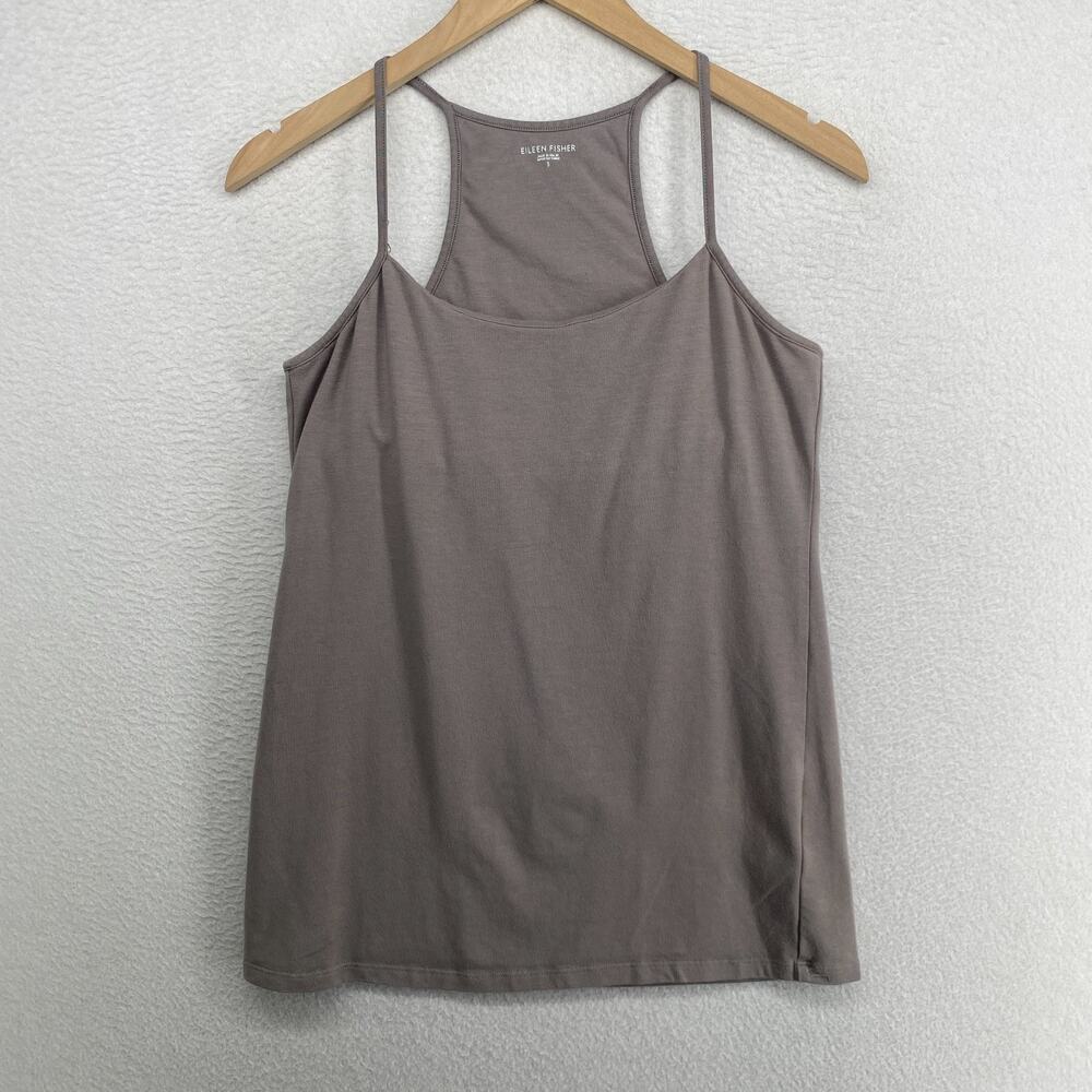 EILEEN FISHER Top S Cami Stretch Organic Cotton Jersey Shelf Bra Brown USA
